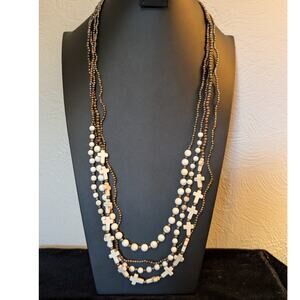 Long Boho Four-Strand Creamy Stone Cross & Bead Necklace